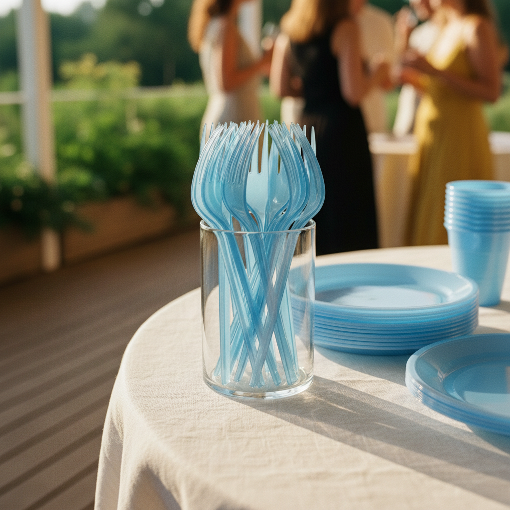 Posate riutilizzabili per picnic ed eventi: forchette Dopla Compact azzurro, 15 pz, lavabili e resistenti. Pratiche e sostenibili. 