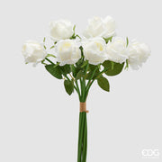 EDG Enzo De Gasperi Bouquet de Roses x9 avec Feuilles H 46 Cm Plante Artificielle Couleur Blanche