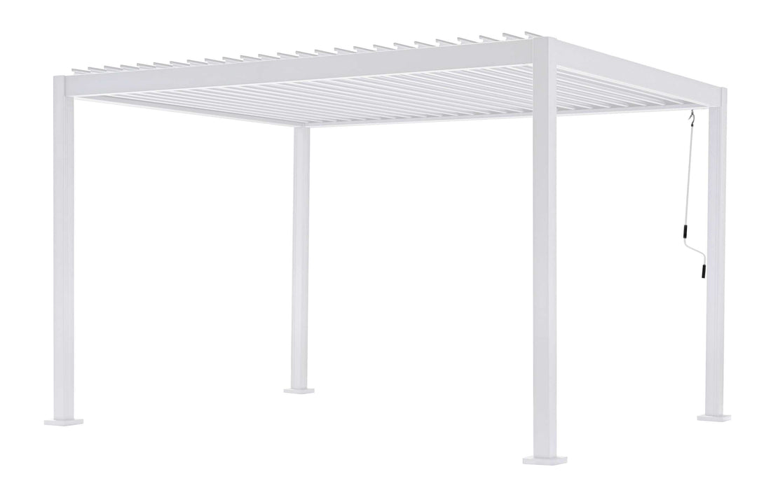 Pergola bioclimatica Vulcano 3x4 m bianca in alluminio, lamelle orientabili a manovella, garanzia 10 anni.