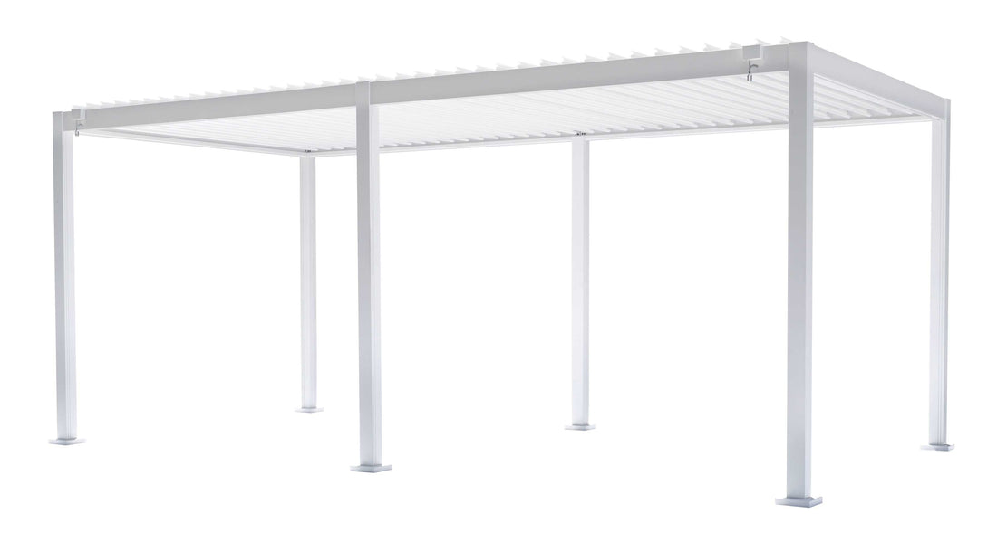 Pergola bioclimatica Vulcano 3x6 m bianca in alluminio, lamelle orientabili a manovella, garanzia 10 anni