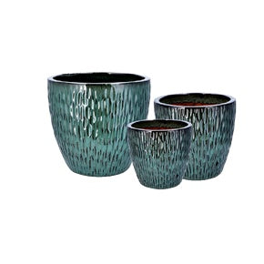Decora con stile naturale. Regalo Italiano set 3 cachepot ceramica verde, H 23–29-35 cm, 3 misure abbinabili. Soggiorno e ingresso.