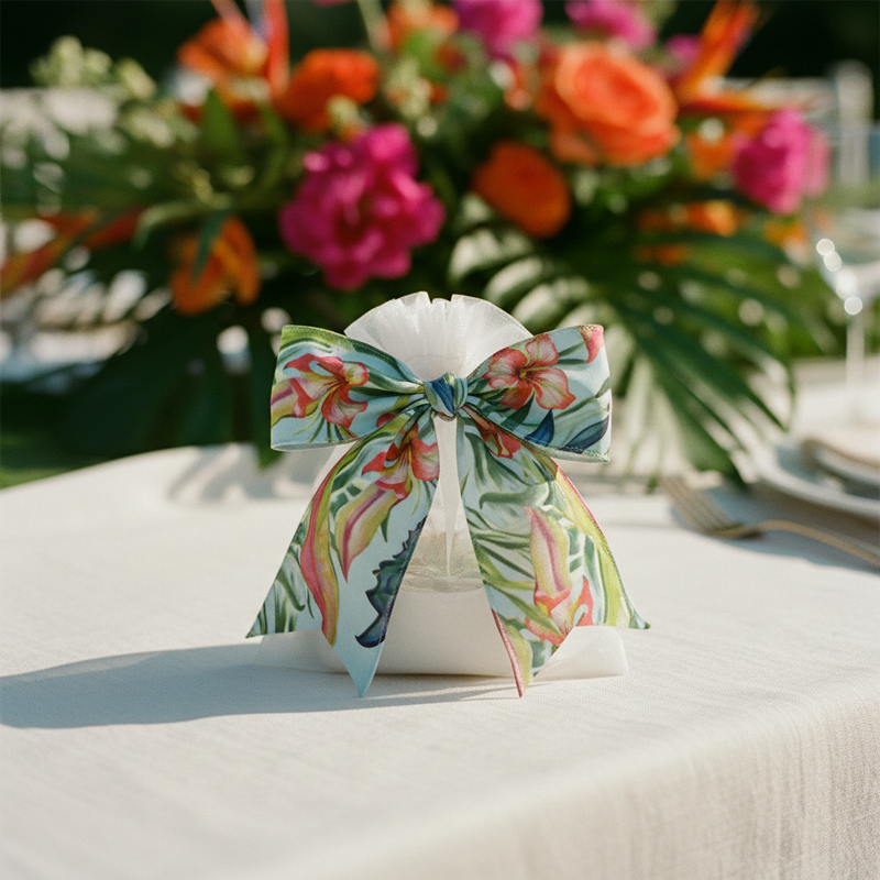 Nastro decorativo tropical floreale per confezioni e allestimenti, eventi, cerimonie, bomboniere. Arpimex 38 mm × 10 mt, fantasia tropicale. ean 8018318418310