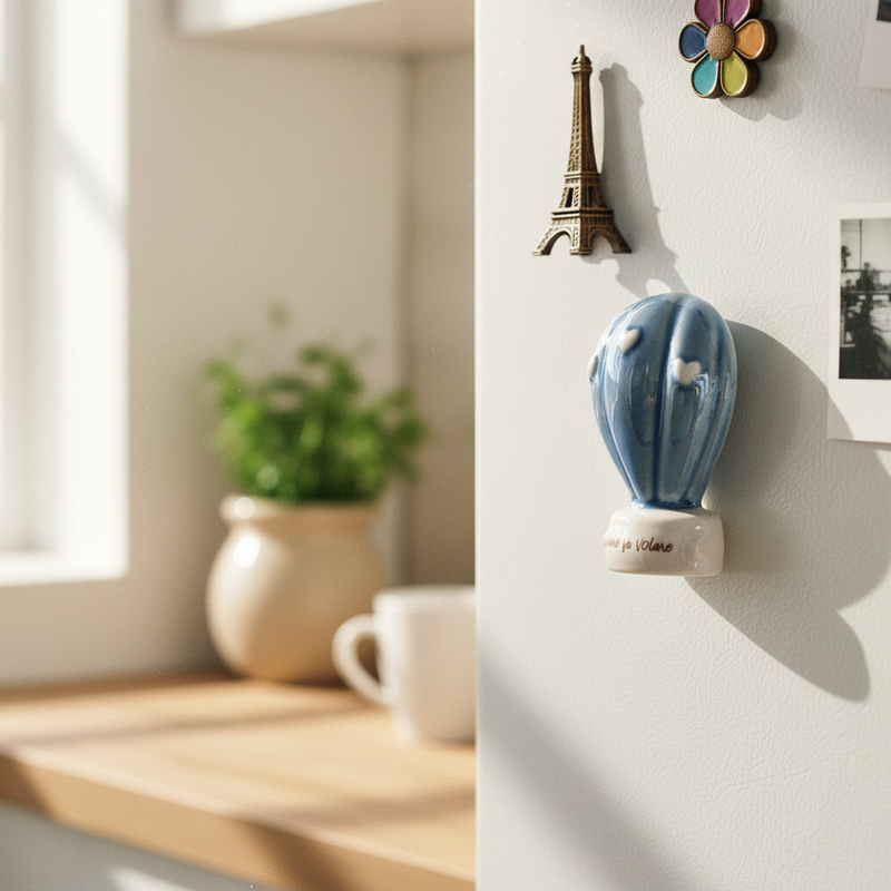 Decora il frigo con il magnete mongolfiera Etm Balloon in porcellana, H.6,5 cm, 3 colori assortiti. Bomboniera e regalo originale.