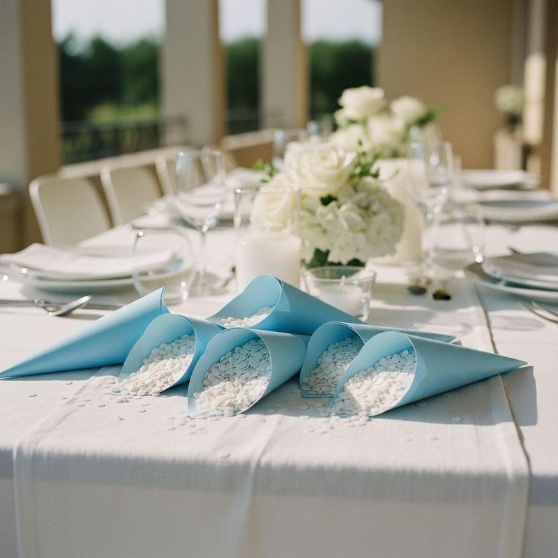 Cono busta Scotton fibra azzurro 19cm CONF 10 PZ. Perfetto per confettate di battesimo, bomboniere e cerimonie eleganti. ean 8007402327553