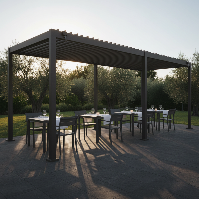 Pergola Bioclimatica Vulcano 3x6 Antracite – Dehors Ristorante 4 Tavoli Fila