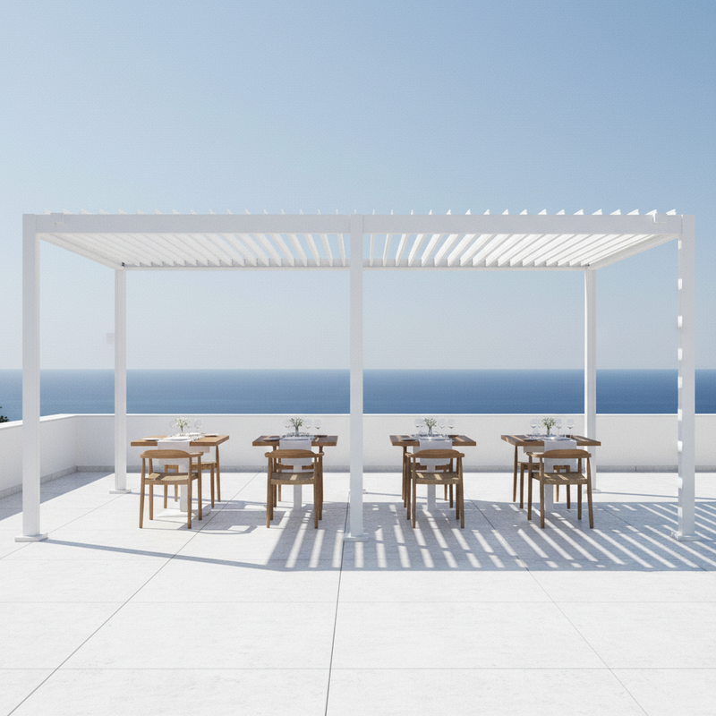Pergola bioclimatica Vulcano 3x6 m bianca in alluminio, lamelle orientabili a manovella, garanzia 10 anni