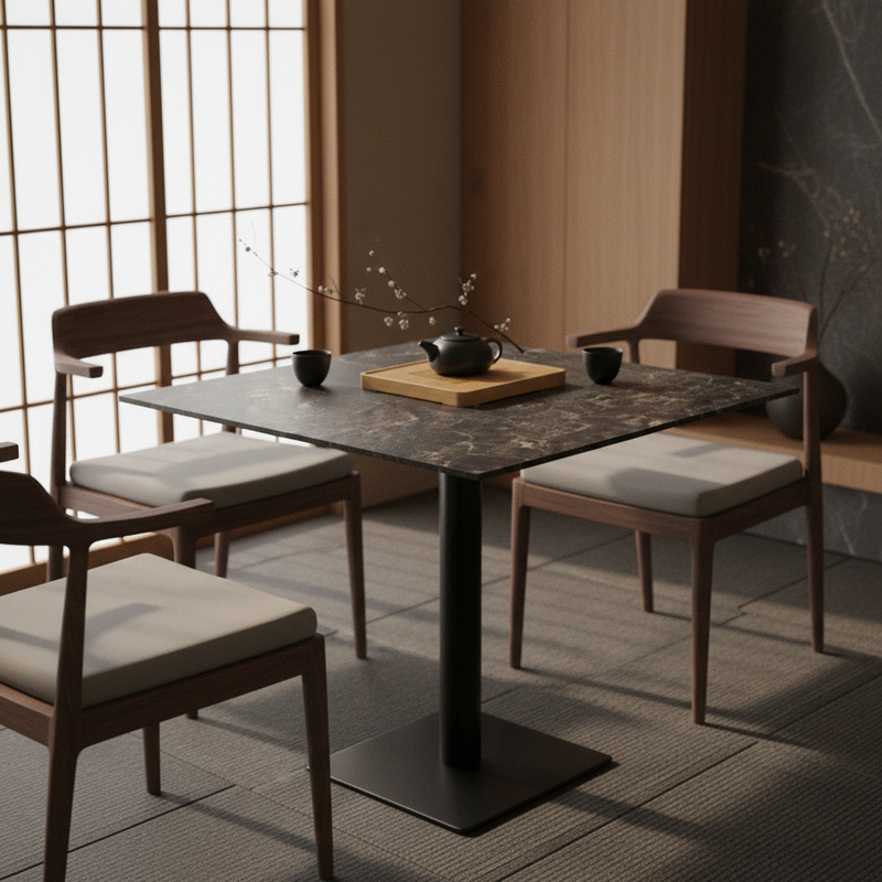 Piano tavolo HPL 70×70 cm sp. 10 mm finitura Oriental Plamky effetto pietra scura, antigraffio. Made in Italy per bar e ristoranti