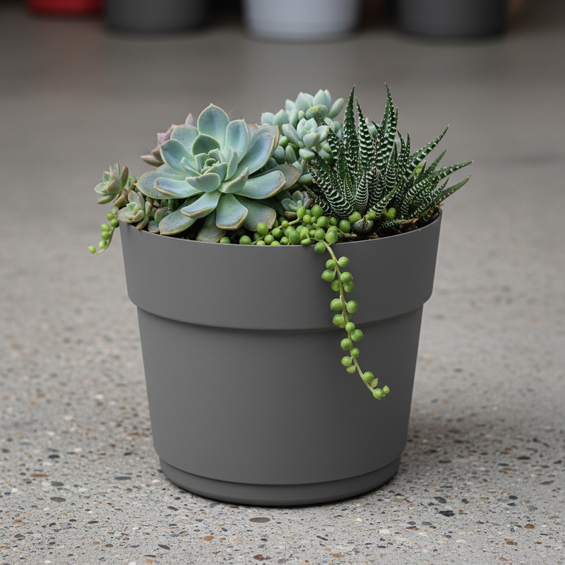 Vaso da esterno TeraPlast Bloom 34, Ø34 cm, plastica riciclata 100% colore Ash Grigio. Resiste da −30° a +60°C, compensa CO₂. ean-8051560268012