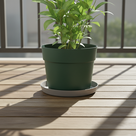 Sottovaso rotondo in plastica riciclata 100%, Ø29 cm, colore Fog Grey Grigio Chiaro. TeraPlast Orma Saucer 29, −30°/+60°C, compensa CO₂ ean-8051560268340