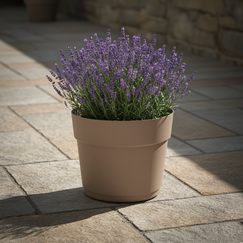 Vaso da esterno rotondo in plastica riciclata 100%, Ø34×H28 cm, colore Sand Sabbia. TeraPlast Bloom 34, −30°/+60°C, compensa CO₂.  ean-8051560268036