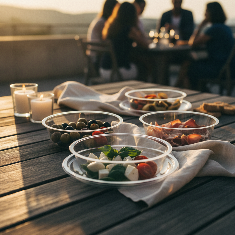 Servi con praticità: scodelle Dopla Reusable in PS trasparente da 300 ml, lavabili 20 volte. Ideali per catering ed eventi. 15 pz