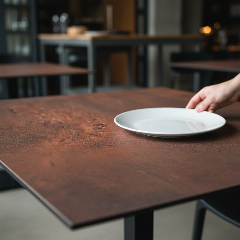 Piano tavolo HPL 80×80 cm sp. 10 mm finitura Corten Climb effetto acciaio ruggine, antigraffio. Made in Italy per bar e ristoranti
