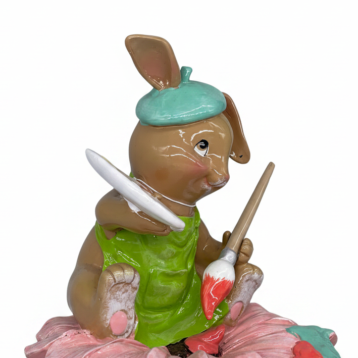 Statuina coniglio pittore Arpimex su fiore rosa 15cm: decorazione Pasqua e bomboniera in resina. ean 8018318439698