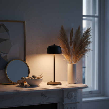 Lampada Circe nera su marble mantel