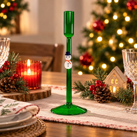 WD LifeStyle Porte-bougie Bonhomme de Neige Vert en Verre – Décoration de Noël