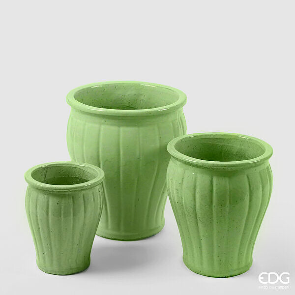 Vase évasé émaillé rayé EDG Enzo De Gasperi, lot de 3, H 40 cm, H 33 cm, H 25,50 cm, vert clair